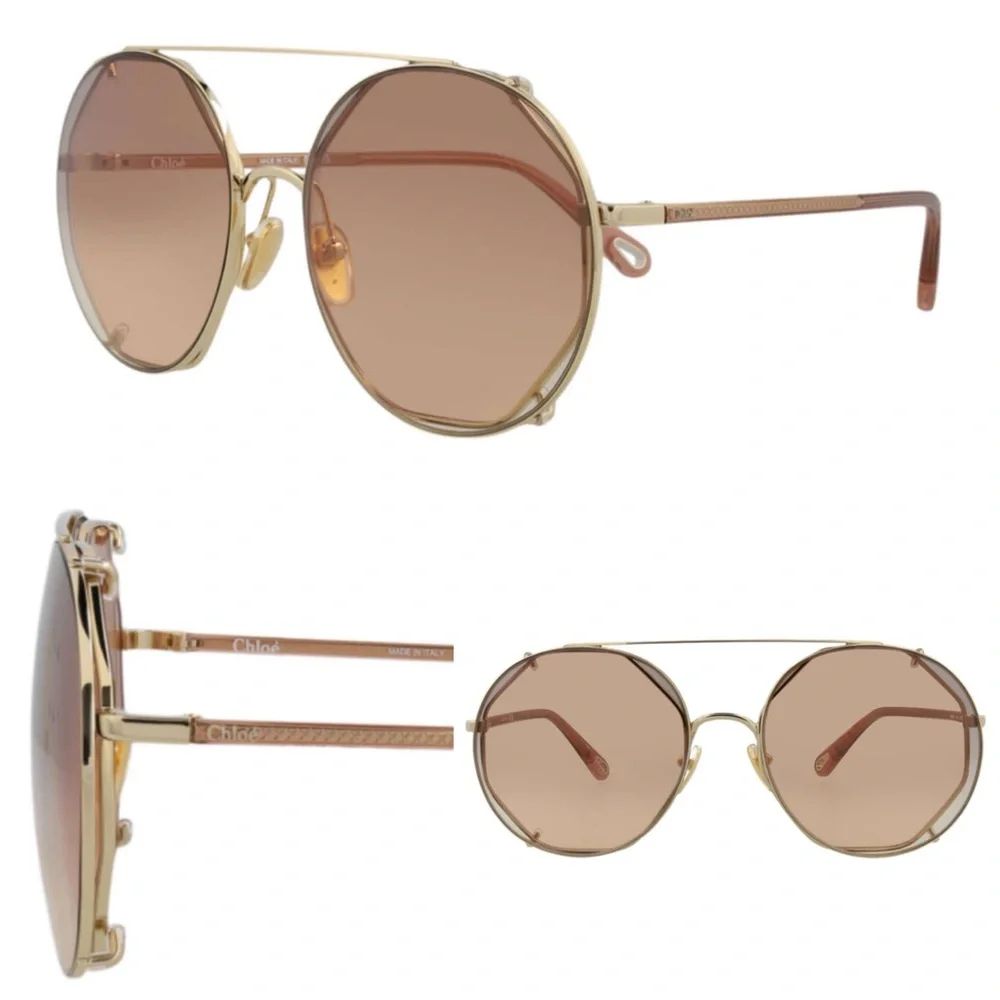 NWT Chloe | Demi Gold Brown “2-in-1” Round Oversized Sunglasses $505 57-20-145